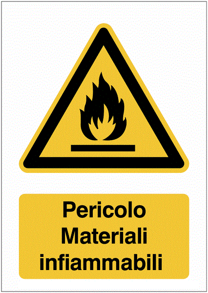 ericolo Materiali infiammabili- CARTELLO SEGNALETICO ISO 7010 in Adesivo Resistente, Pannello in Forex, Pannello In Alluminio o in Plexiglas