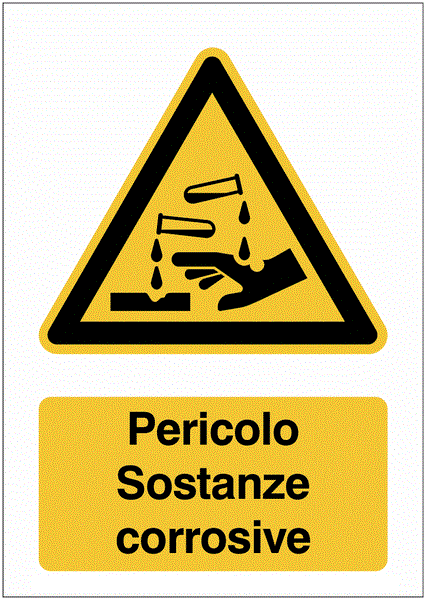 Pericolo Sostanze corrosive - CARTELLO SEGNALETICO ISO 7010 in Adesivo Resistente, Pannello in Forex, Pannello In Alluminio o in Plexiglas