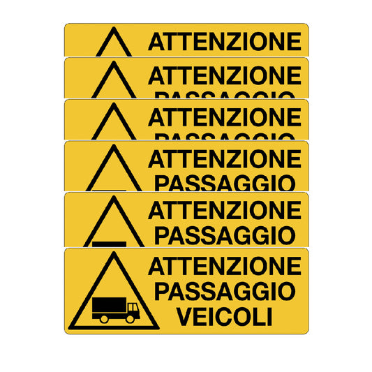 KIT DI 6 ADESIVI UNI -Attenzione passaggio veicoli- Pittogramma ISO 7010 Con Stampa Diretta U.V. (IDEALE ANCHE PER ESTERNO)