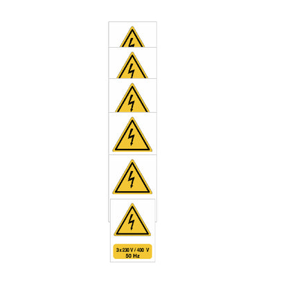 KIT DI 6 ADESIVI -  "Pericolo elettrico"- 3x230 V / 400 V / 50 Hz- Pittogramma ISO 7010 Con Stampa Diretta U.V. (IDEALE ANCHE PER ESTERNO)