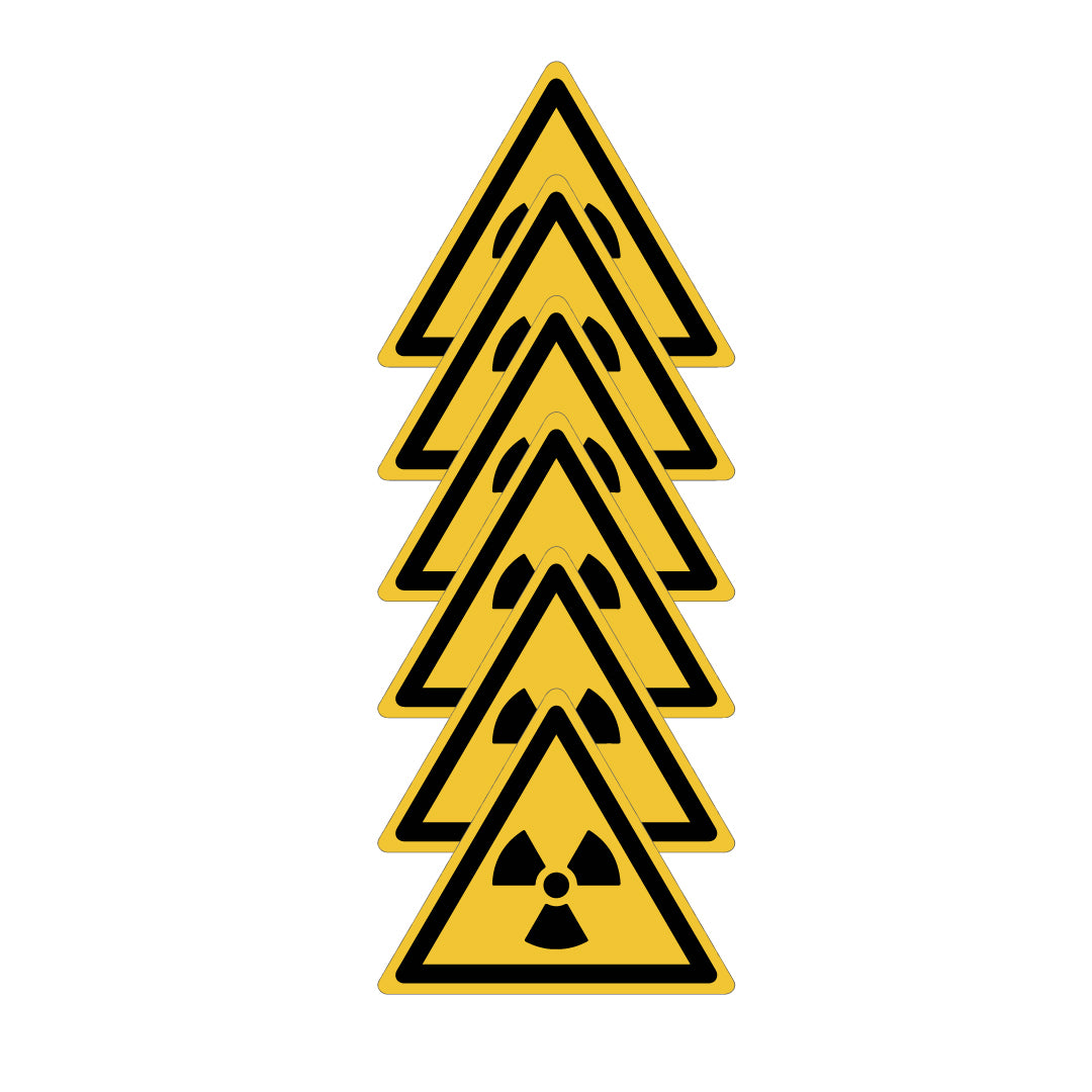 KIT DI 6 ADESIVI - "Materiali radioattivi o radiazioni ionizzanti" - Pittogramma TRIANGOLO ISO 7010 - Con Stampa Diretta U.V. (IDEALE ANCHE PER ESTERNO)