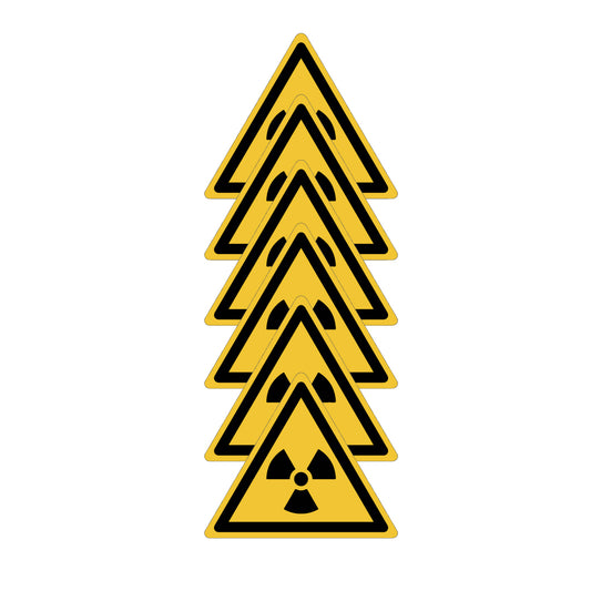KIT DI 6 ADESIVI - "Materiali radioattivi o radiazioni ionizzanti" - Pittogramma TRIANGOLO ISO 7010 - Con Stampa Diretta U.V. (IDEALE ANCHE PER ESTERNO)