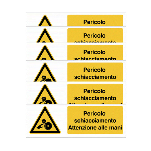 KIT DI 6 ADESIVI UNI - Pericolo schiacciamento, Attenzione alle mani- Pittogramma ISO 7010 Con Stampa Diretta U.V. (IDEALE ANCHE PER ESTERNO)