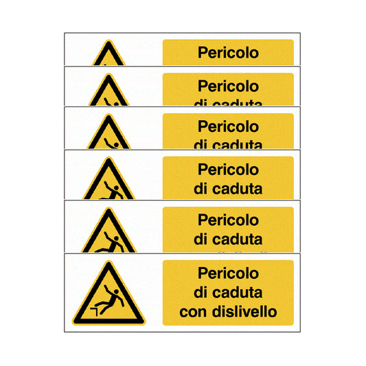 KIT DI 6 ADESIVI UNI - "Pericolo di caduta con dislivello" - Pittogramma ISO 7010 Con Stampa Diretta U.V. (IDEALE ANCHE PER ESTERNO)