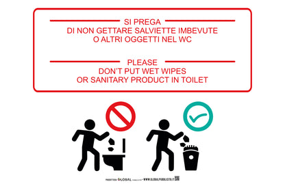 Vietato gettare salviette imbevute o altri oggetti nel wc - CARTELLO SEGNALETICO ISO 7010 in Adesivo Resistente, Pannello in Forex, Pannello In Alluminio o in Plexiglas
